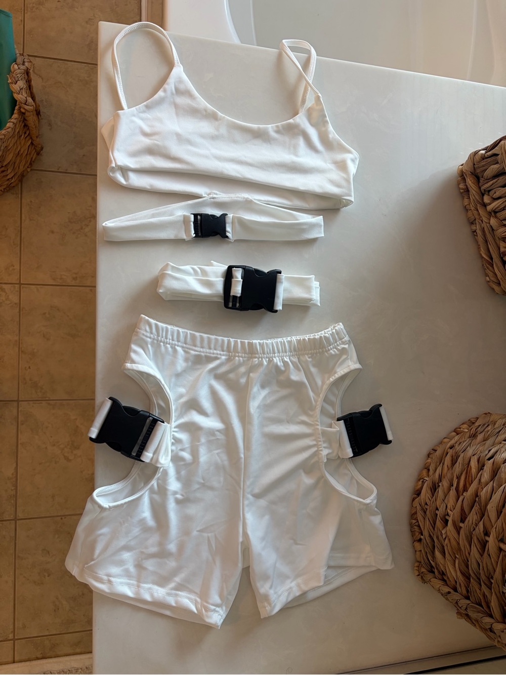 White Buckle Accent Crop Top & Shorts Set